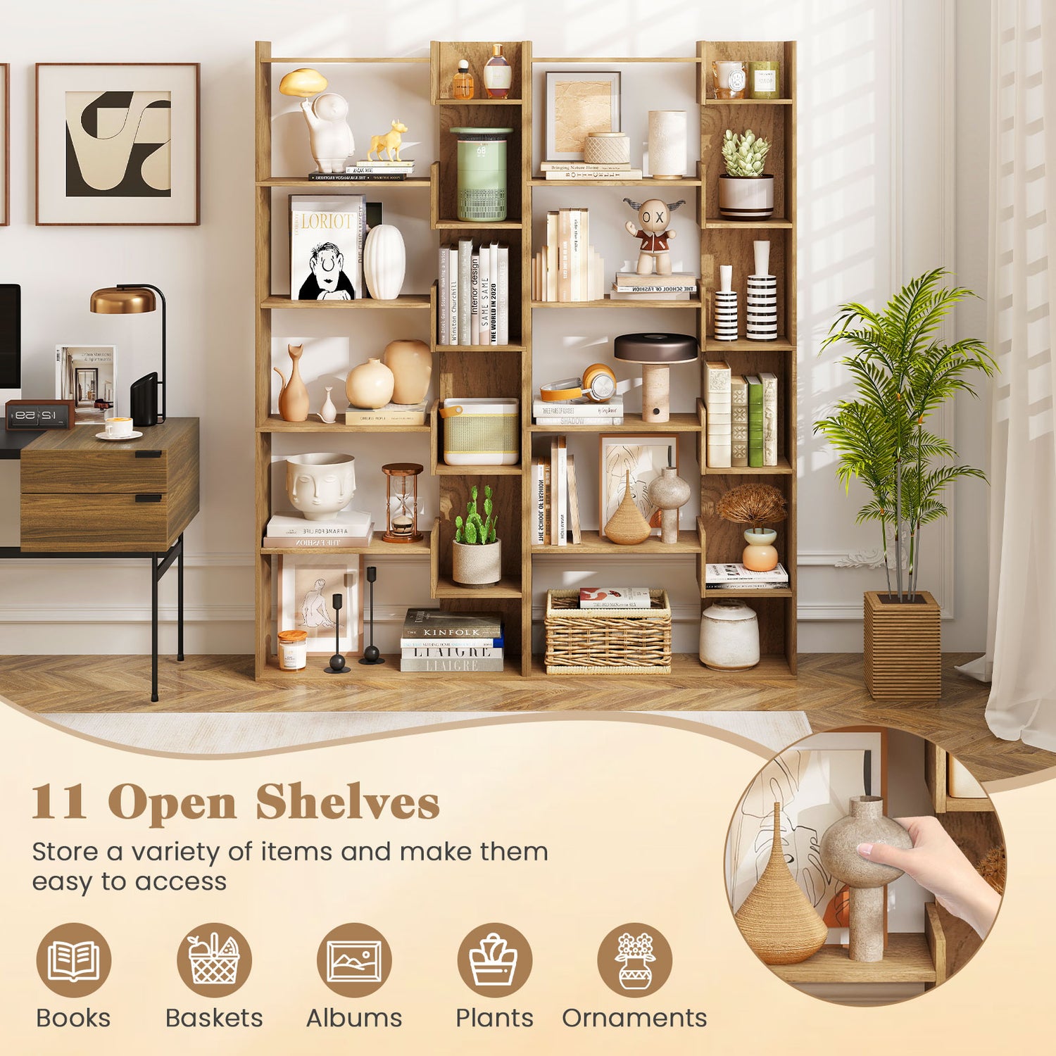 6-Tier Bookshelf Wooden Bookcase with 2 Anti-Tipping Kits Open Display Shelf