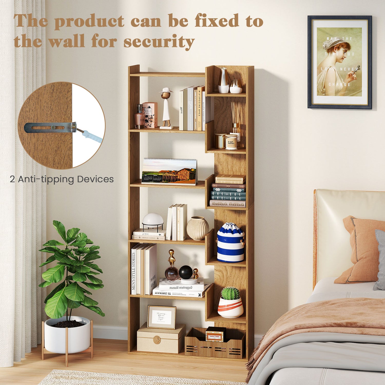 6-Tier Bookshelf Wooden Bookcase with 2 Anti-Tipping Kits Open Display Shelf