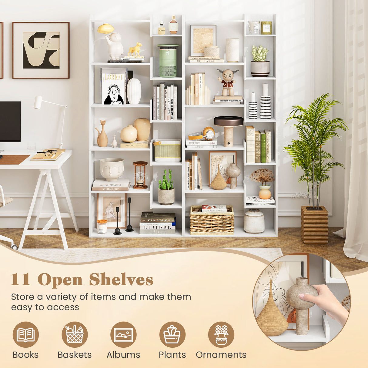 6-Tier Bookshelf Wooden Bookcase with 2 Anti-Tipping Kits Open Display Shelf