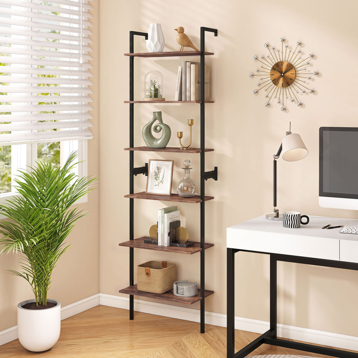6-Tier Freestanding ladder Storage bookshelf with Metal Frame for Study and Pantry