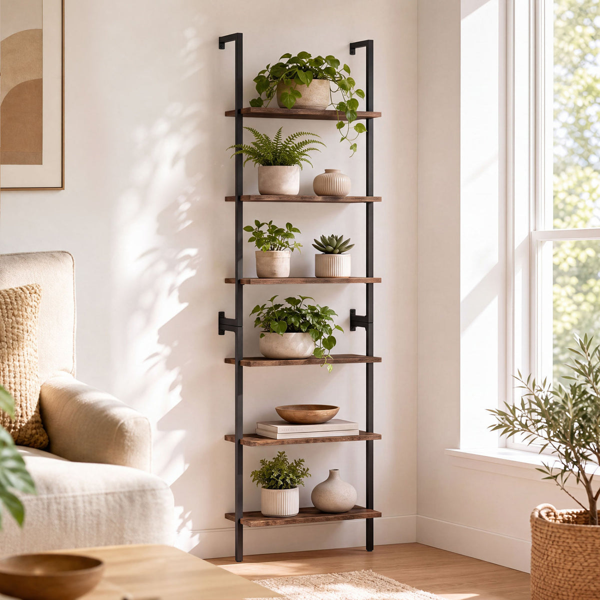6-Tier Freestanding ladder Storage bookshelf with Metal Frame for Study and Pantry