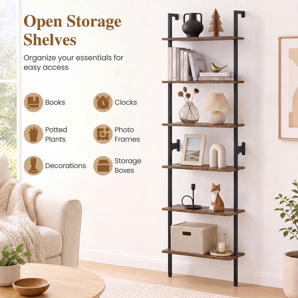 6-Tier Freestanding ladder Storage bookshelf with Metal Frame for Study and Pantry