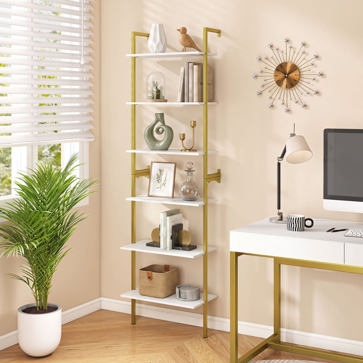 6-Tier Freestanding ladder Storage bookshelf with Metal Frame for Study and Pantry