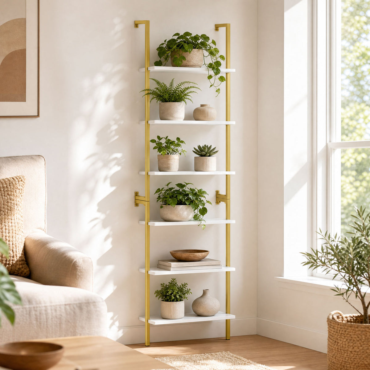 6-Tier Freestanding ladder Storage bookshelf with Metal Frame for Study and Pantry