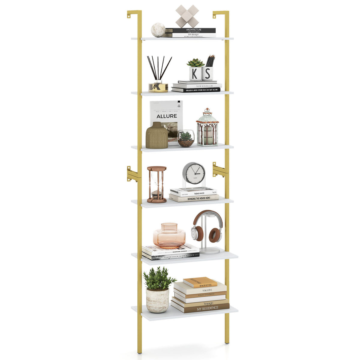 6-Tier Freestanding ladder Storage bookshelf with Metal Frame for Study and Pantry