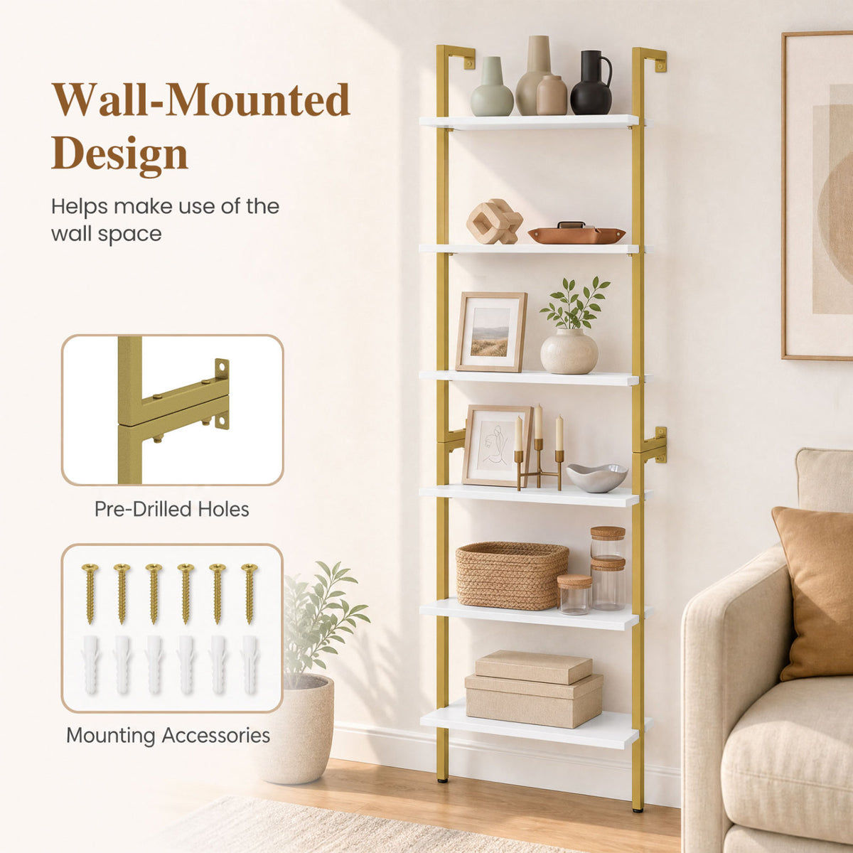 6-Tier Freestanding ladder Storage bookshelf with Metal Frame for Study and Pantry
