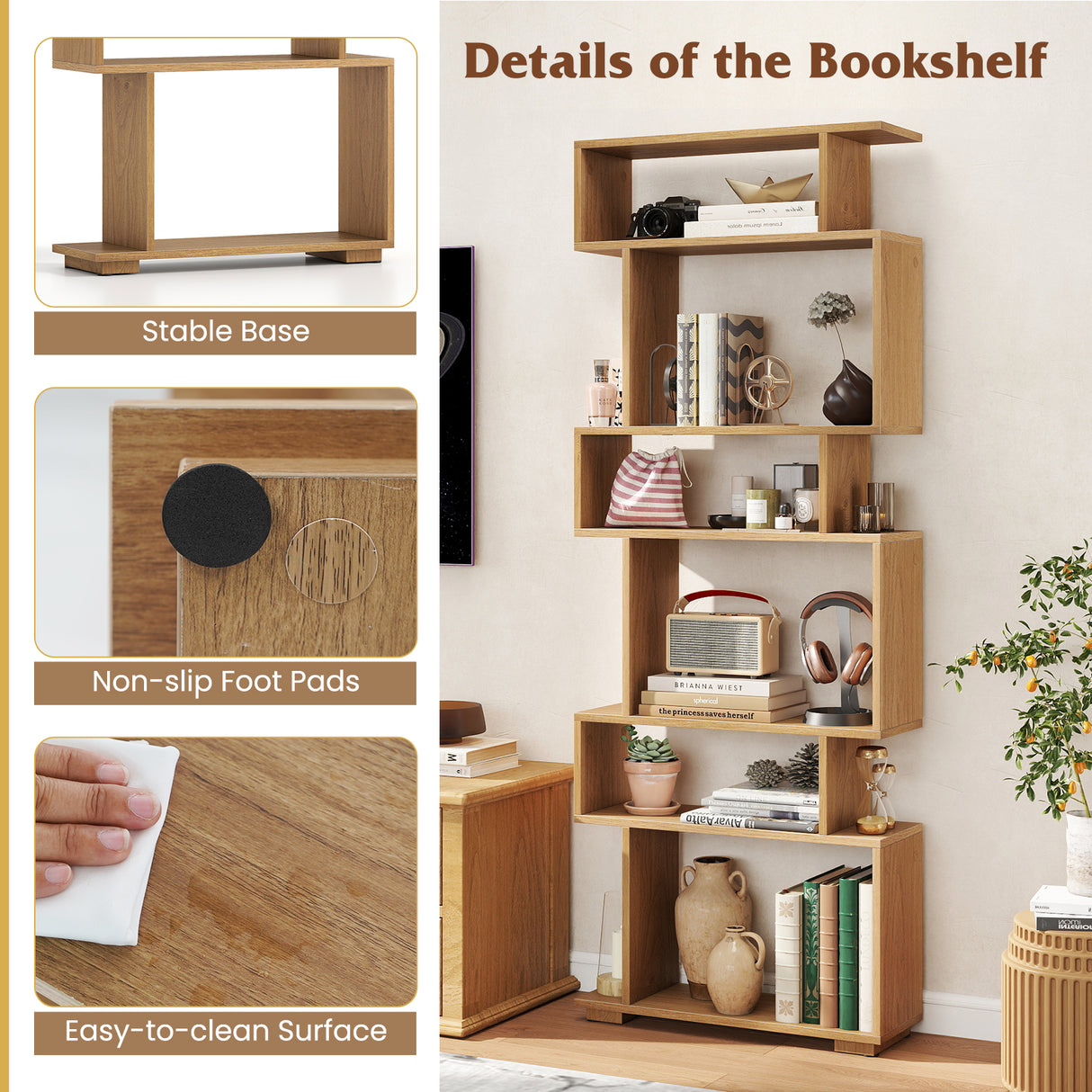 6-Tier Geometric Bookshelf with 2 Anti-Tipping Kits for Home Office
