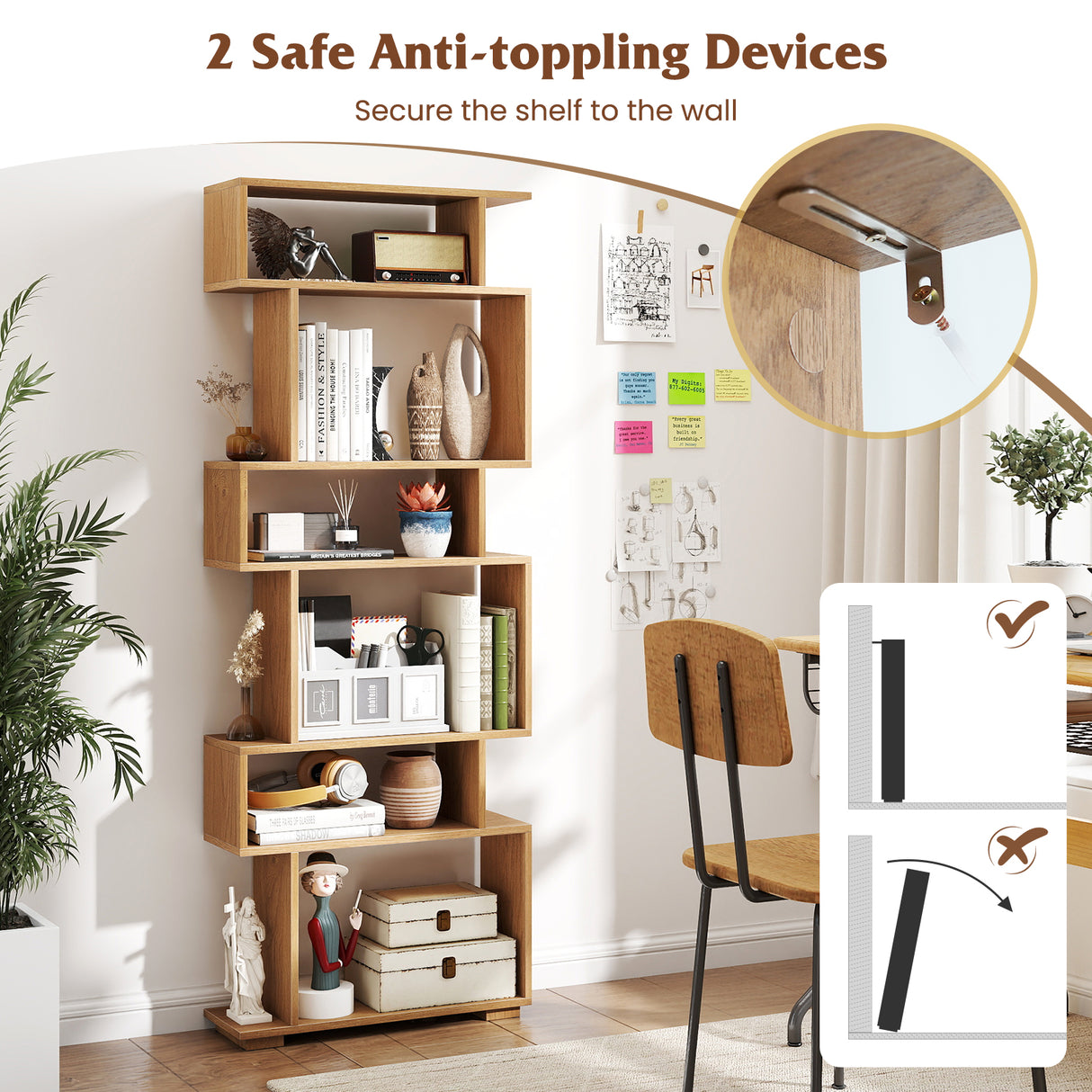 6-Tier Geometric Bookshelf with 2 Anti-Tipping Kits for Home Office