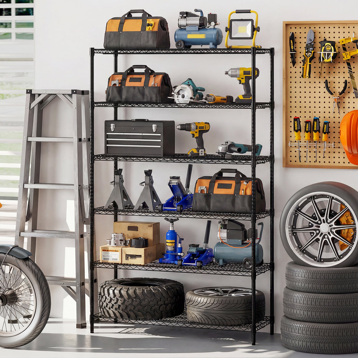 6-Tier Metal Storage Shelving Unit with V-Shaped Wire Rack for Home Garage-Black