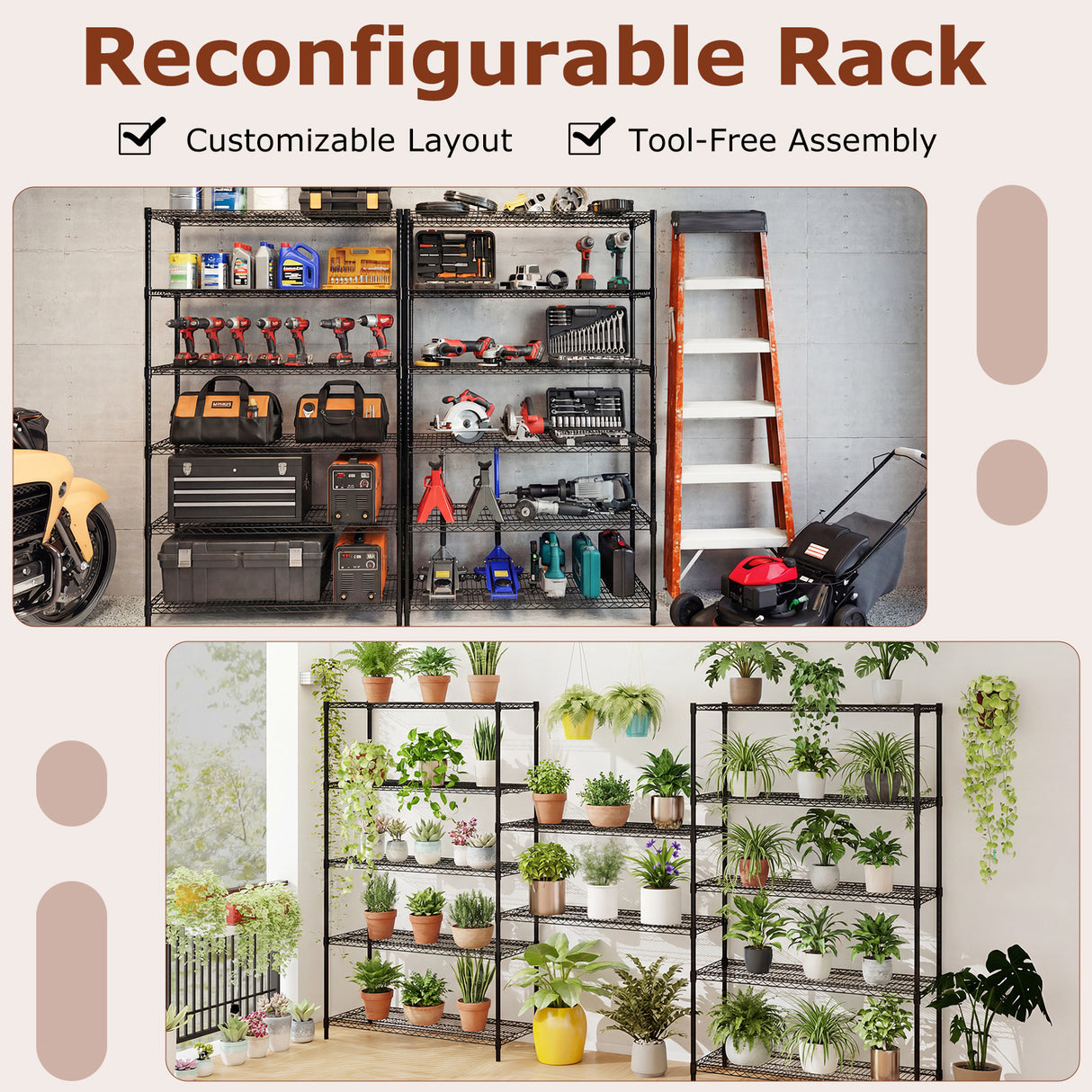 6-Tier Metal Storage Shelving Unit with V-Shaped Wire Rack for Home Garage-Black