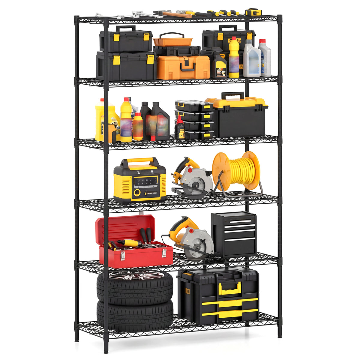 6-Tier Metal Storage Shelving Unit with V-Shaped Wire Rack for Home Garage-Black