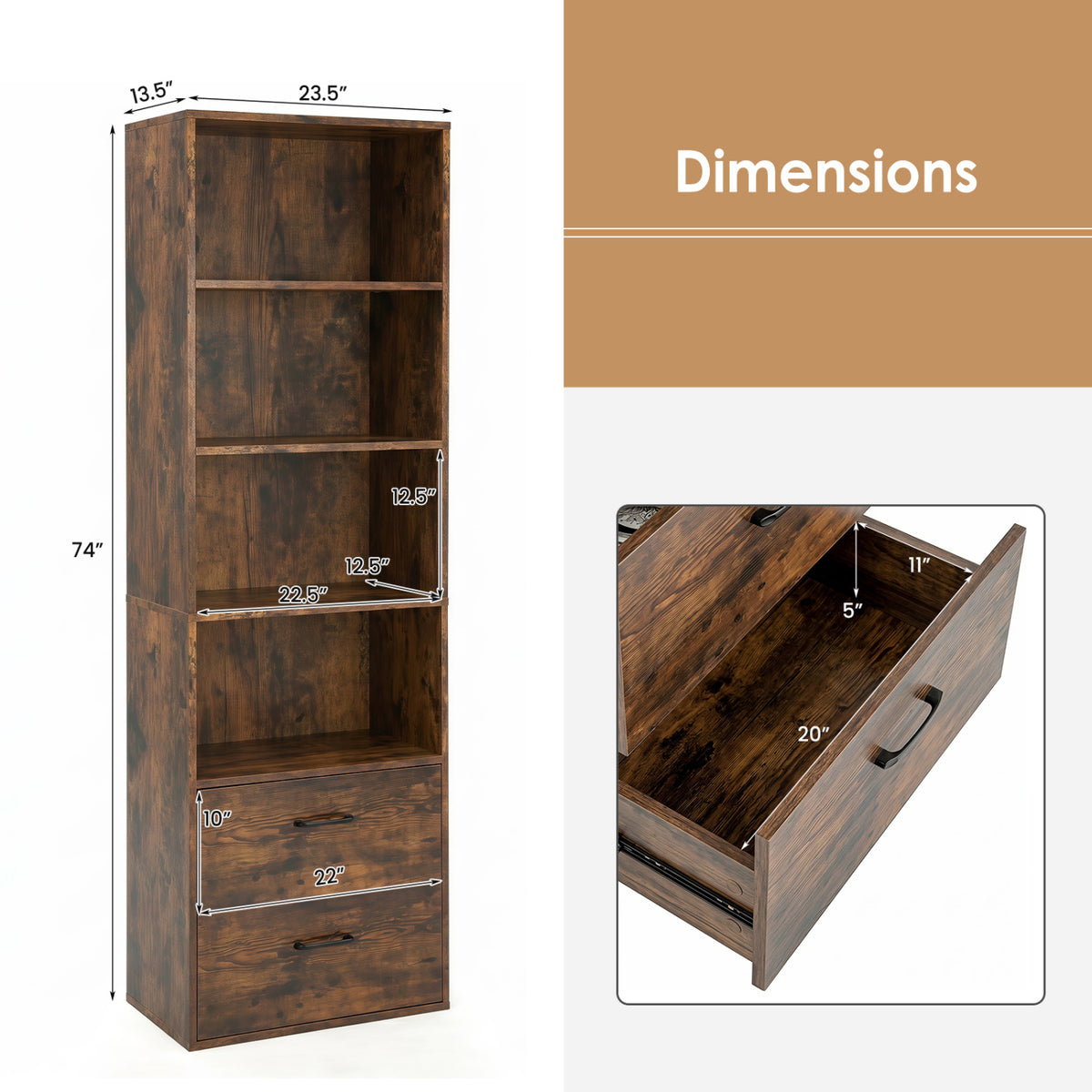 6-Tier Tall Freestanding Bookshelf with 4 Open Shelves and 2 Drawers