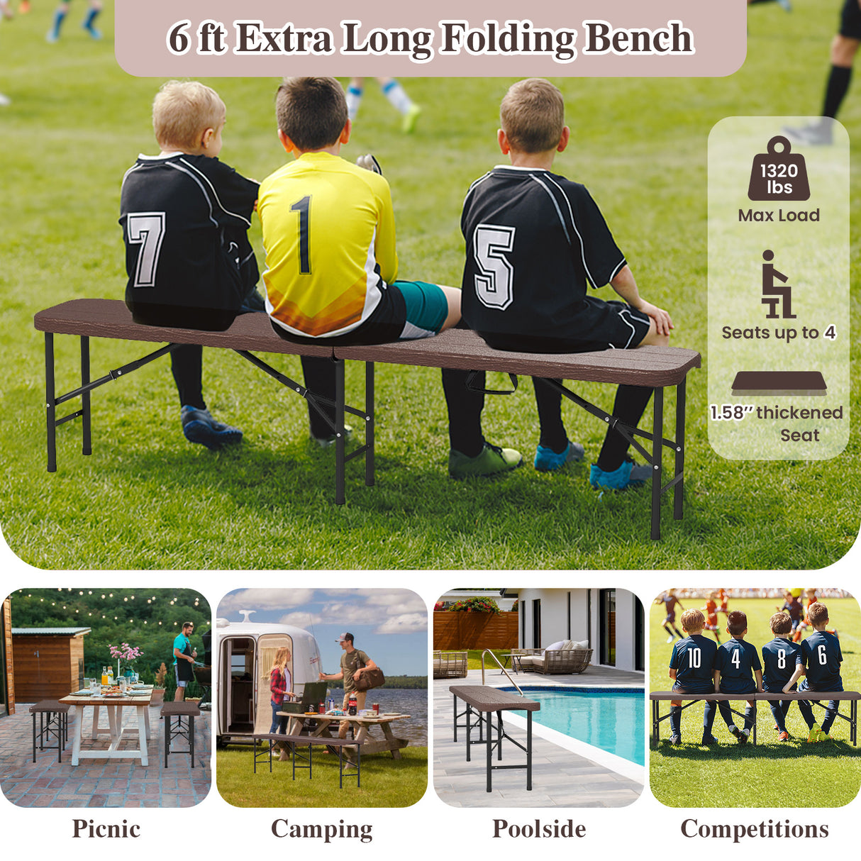 6 Feet Folding HDPE Bench with 1320 LBS Capacity and Handle Lock
