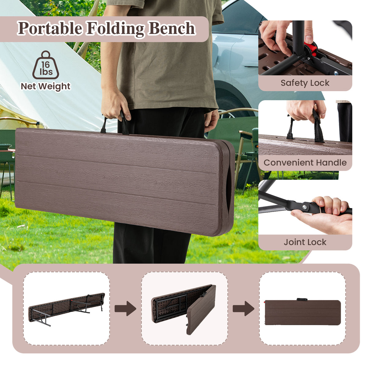6 Feet Folding HDPE Bench with 1320 LBS Capacity and Handle Lock