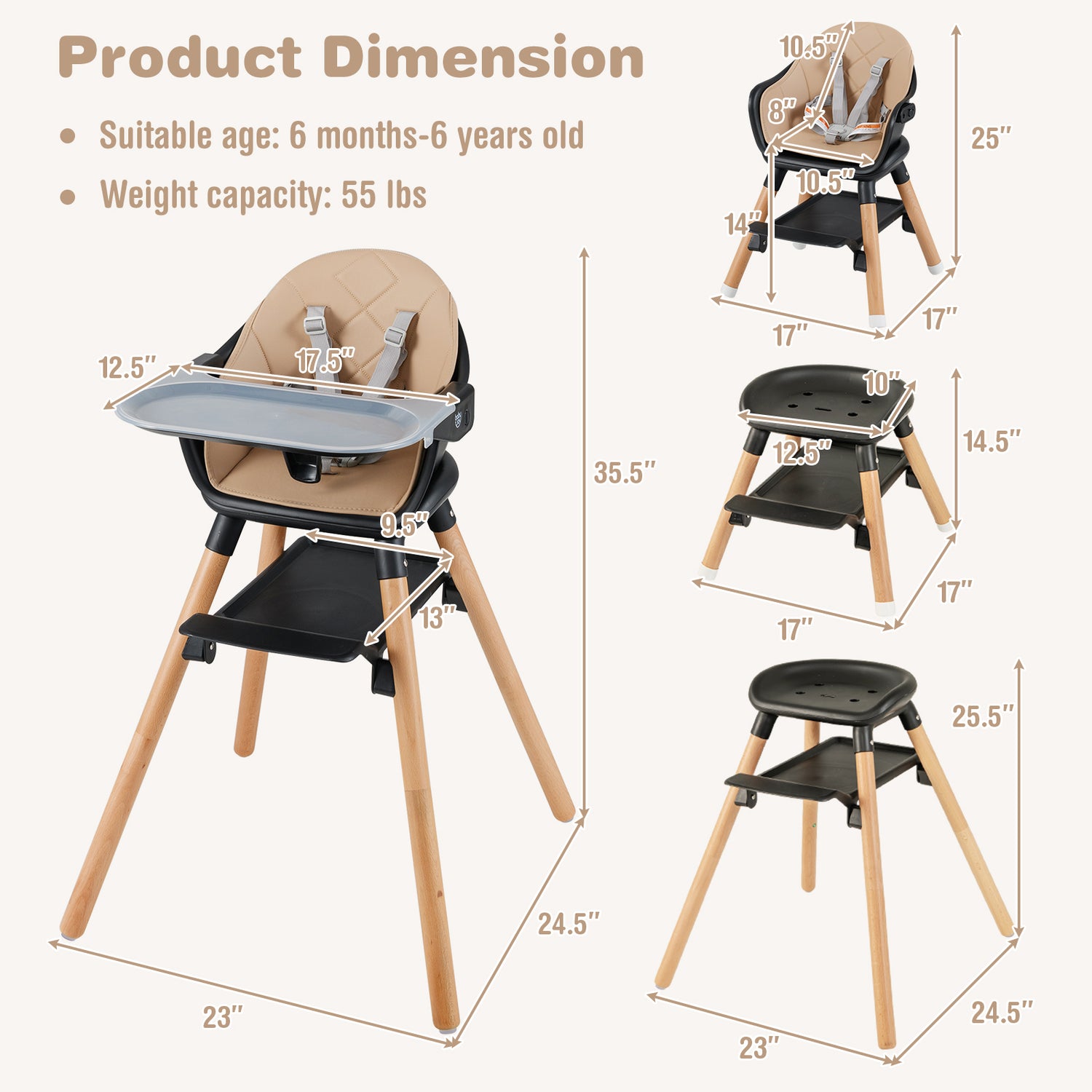 6-in-1 Baby High Chair with Removable Dishwasher and Safe Tray