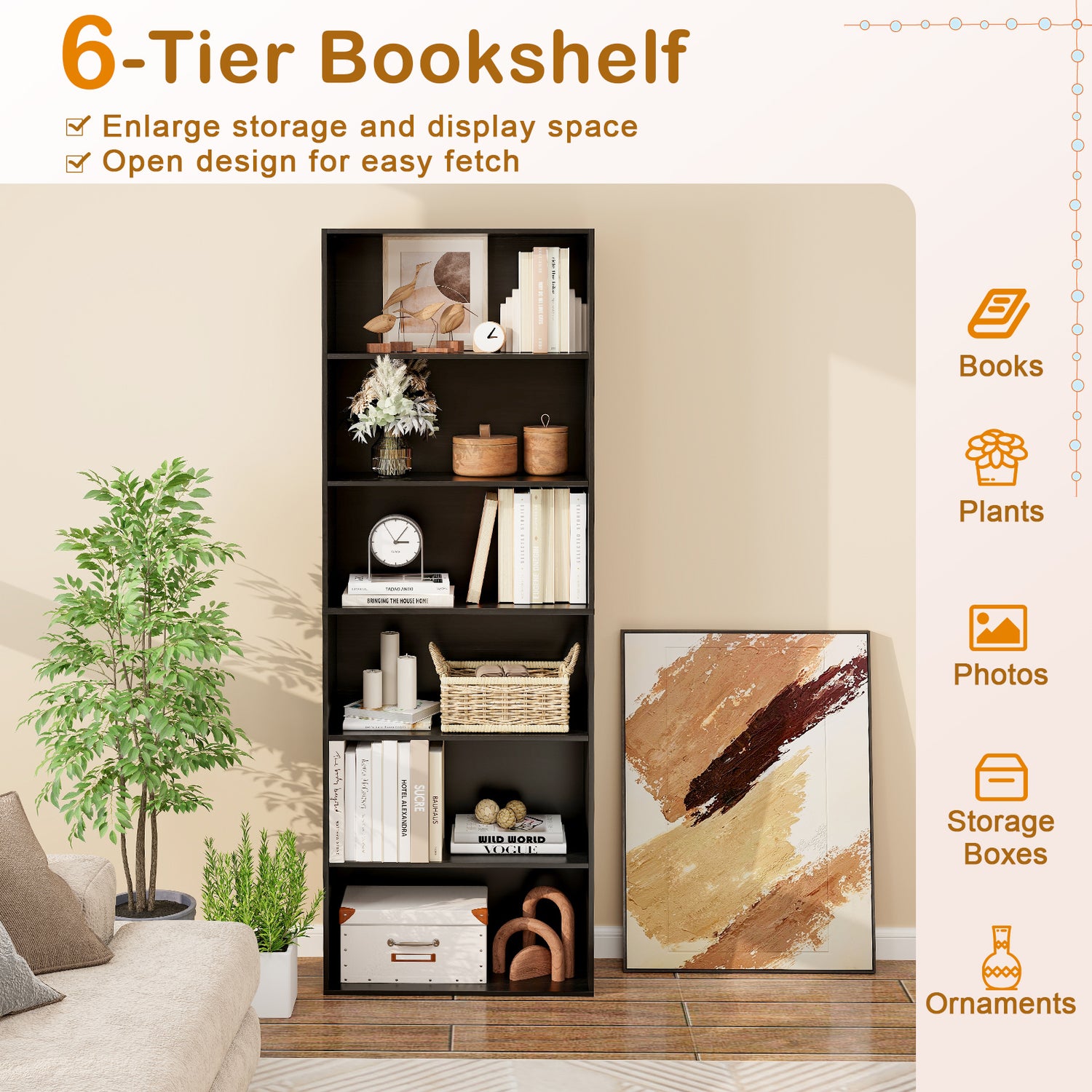 6-Tier Bookcase with 6 Open Shelves and Anti-Toppling Kits