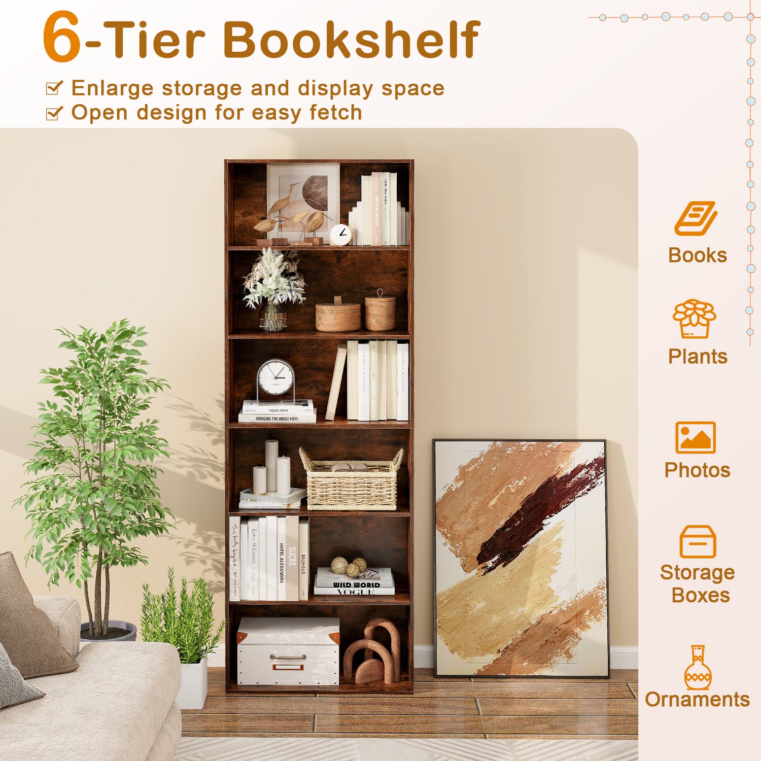 6-Tier Bookcase with 6 Open Shelves and Anti-Toppling Kits