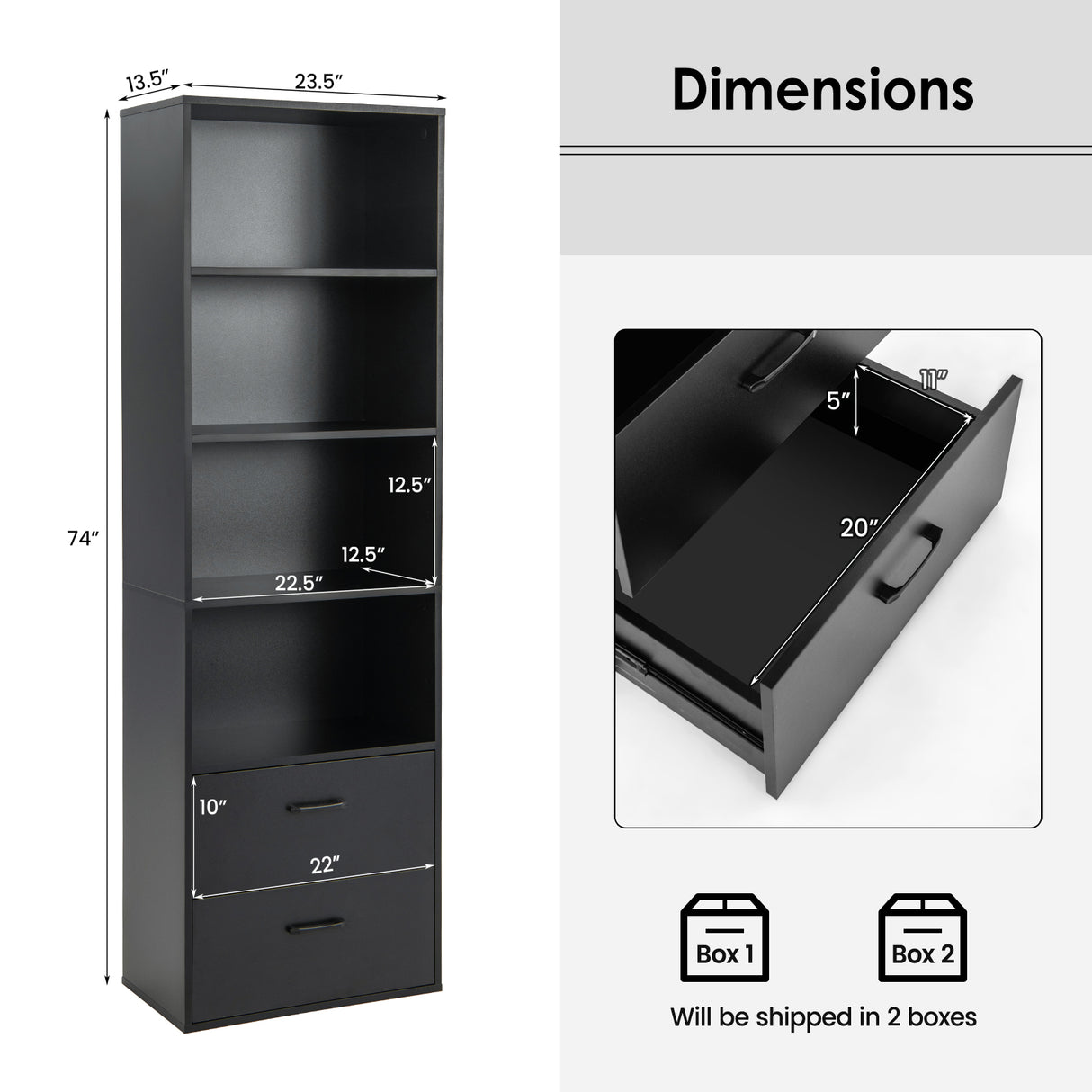 6-Tier Tall Freestanding Bookshelf with 4 Open Shelves and 2 Drawers