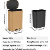 13 Gallon 50L Kitchen Foot Pedal Operated Soft Close Trash Can - Stainless Steel Ellipse Bustbin - Wood