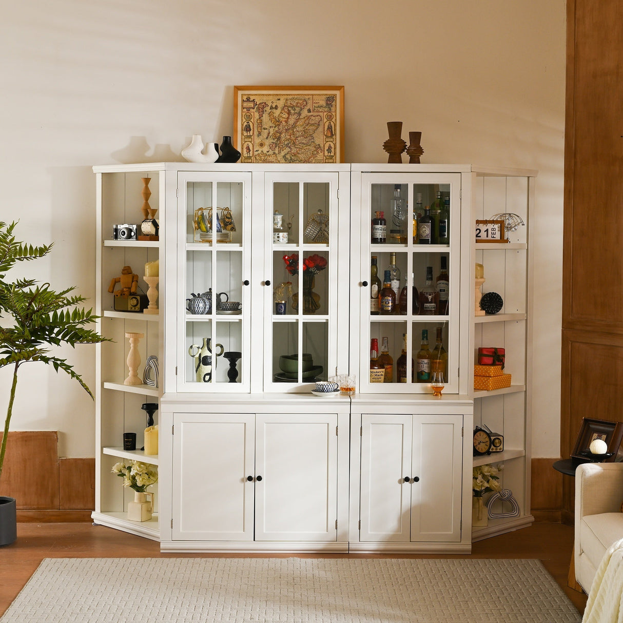 Retro Style Wall Suit with Glass Doors, 75.25'' Tall Display Cabinets & Triangle Sided Bookshelves, White
