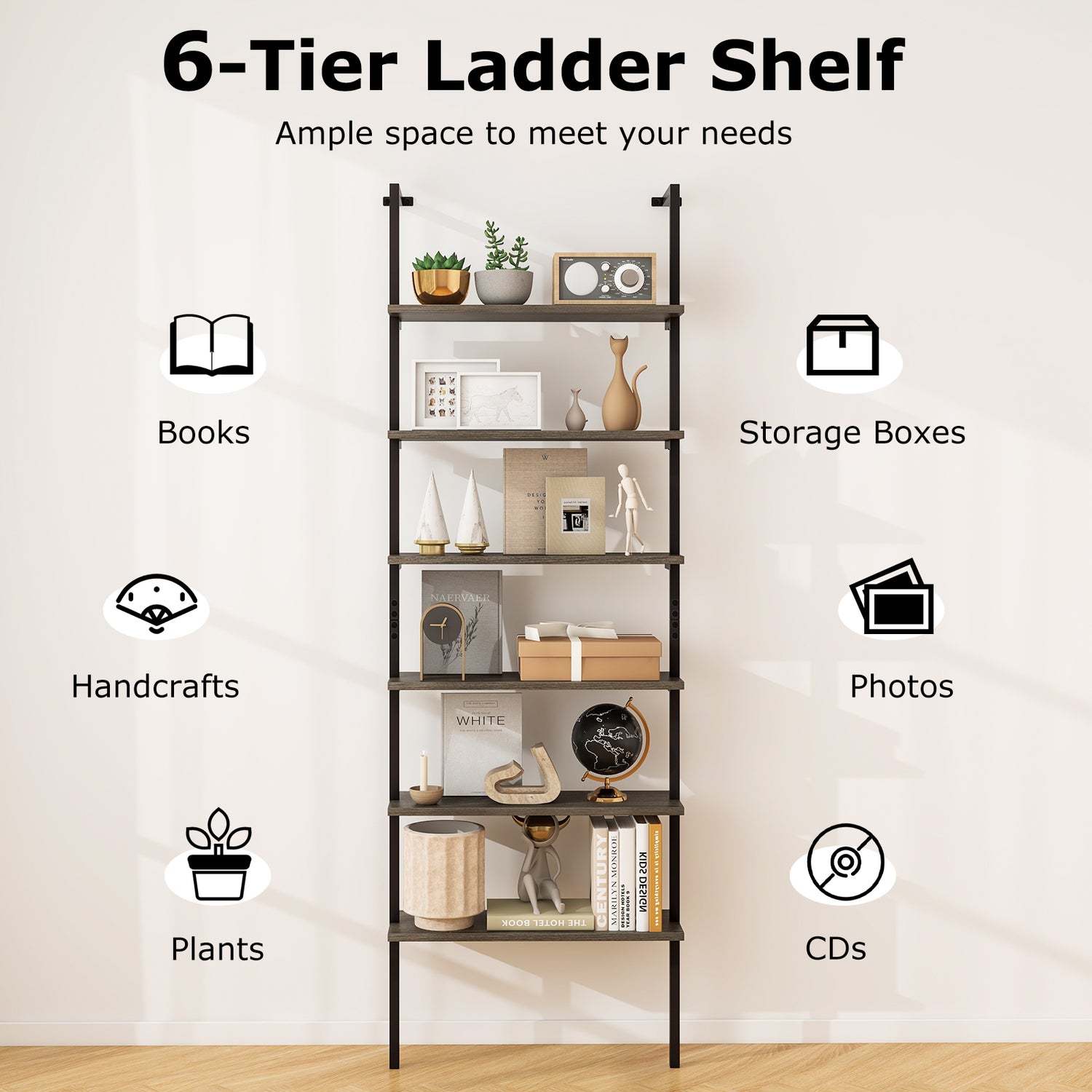 6-tier Ladder Shelf 72 Inches Industrial Wall Mounted Bookshelf