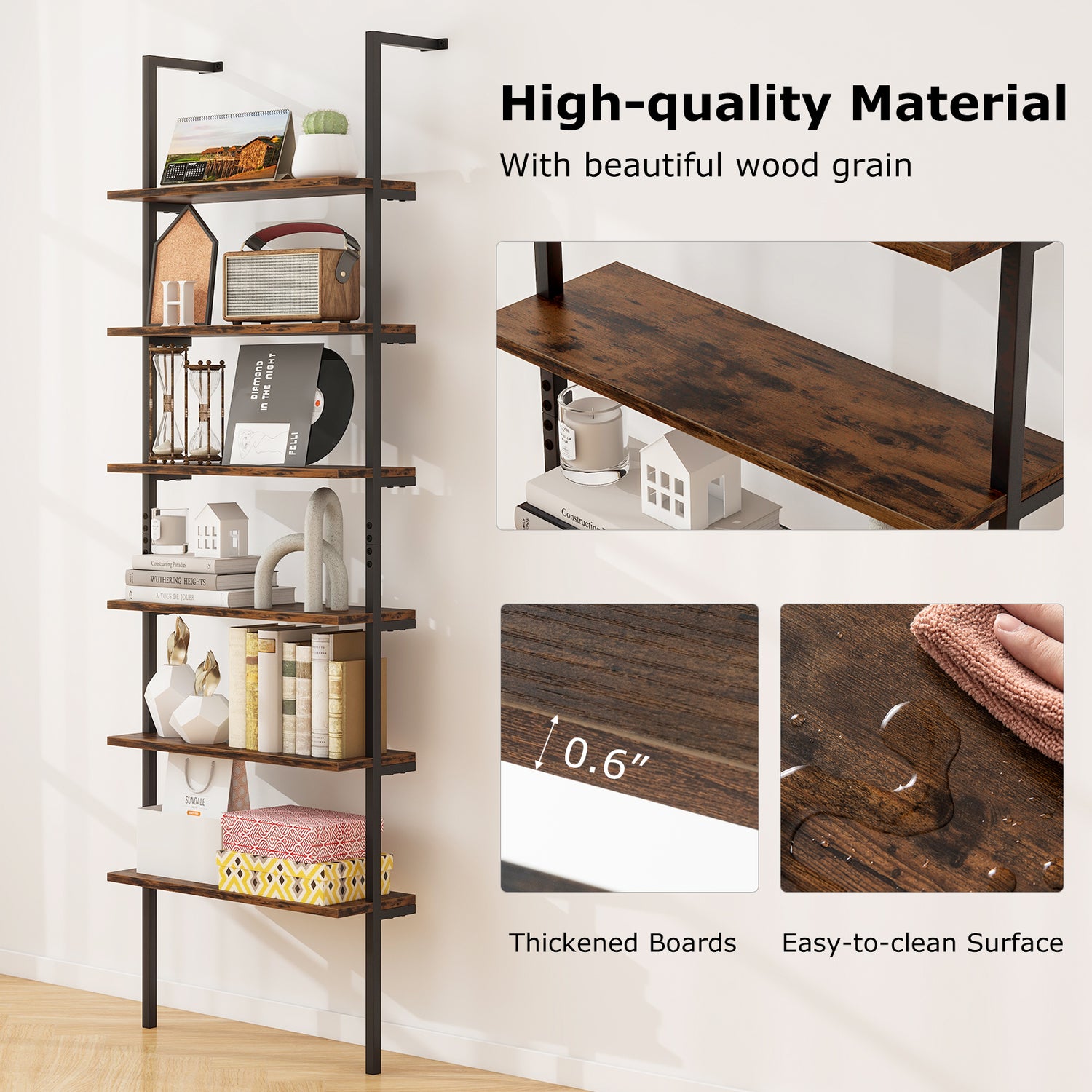 6-tier Ladder Shelf 72 Inches Industrial Wall Mounted Bookshelf