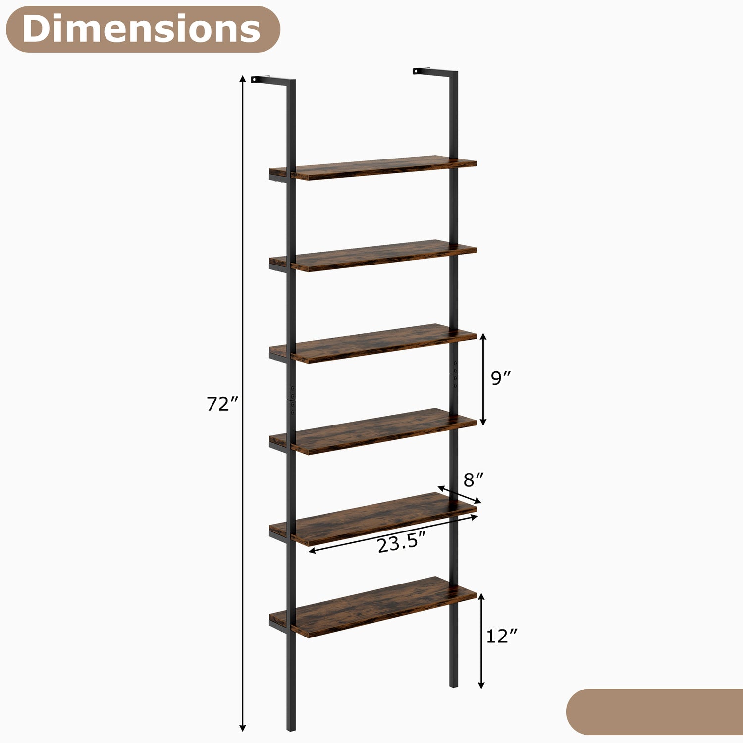 6-tier Ladder Shelf 72 Inches Industrial Wall Mounted Bookshelf