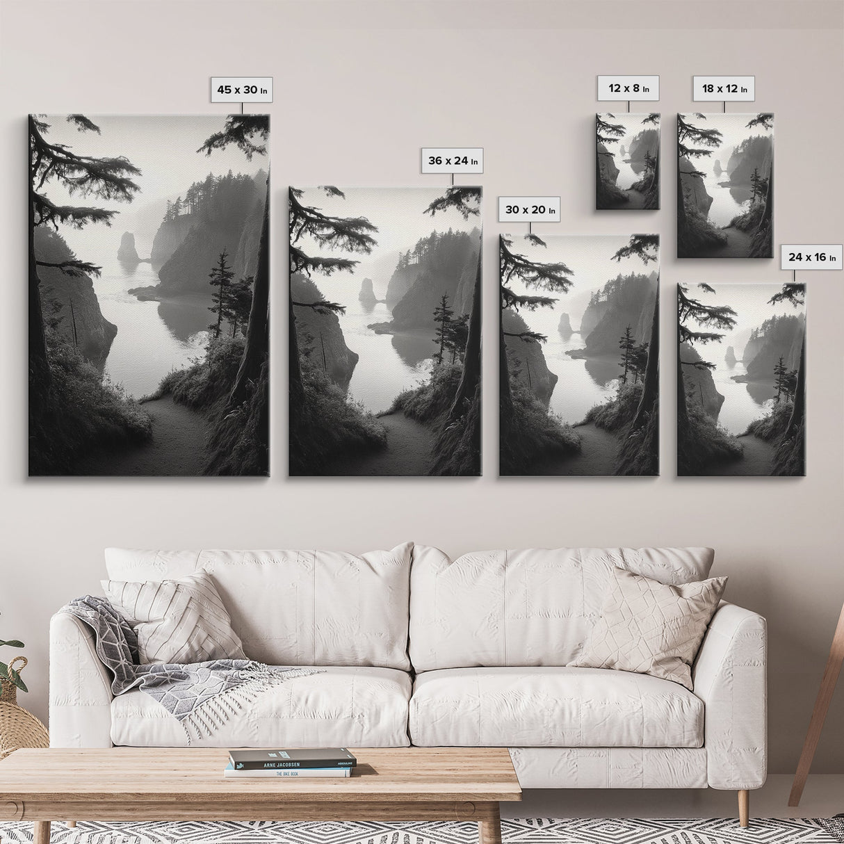 Forest Cliffs, Ocean Pathway, Misty Coast, Woodland Escape, Framed Canvas Print, Cabin Wall Art, Nature Trail Aesthetic, Autumn Mood Art