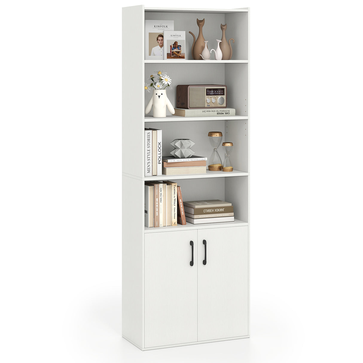 70 Inch Bookcase 6-Tier with Adjustable Shelves and 2-Door Cabinet