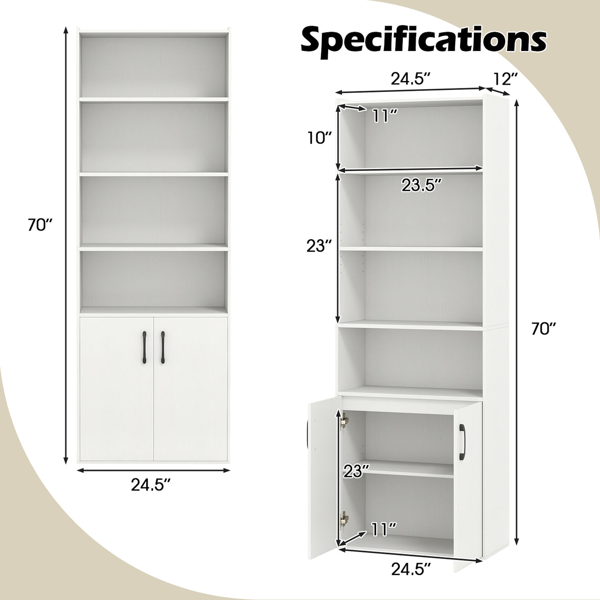 70 Inch Bookcase 6-Tier with Adjustable Shelves and 2-Door Cabinet