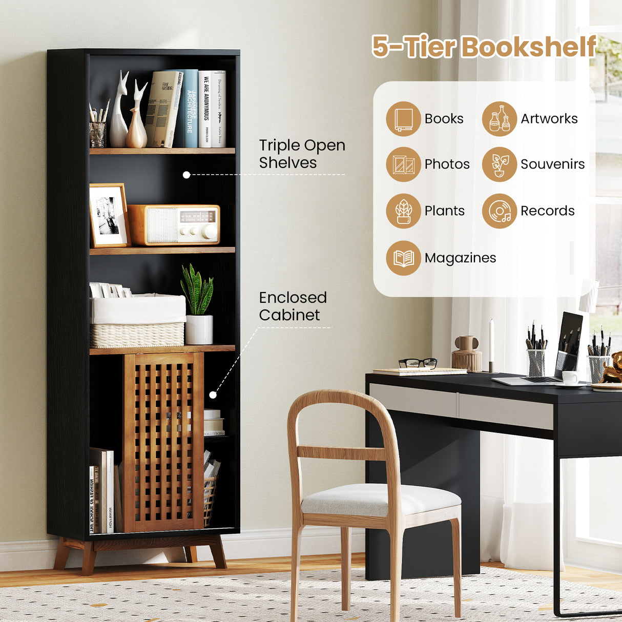 70 Inch 5-Tier Bookshelf with Reversible Adjustable Shelf-Black