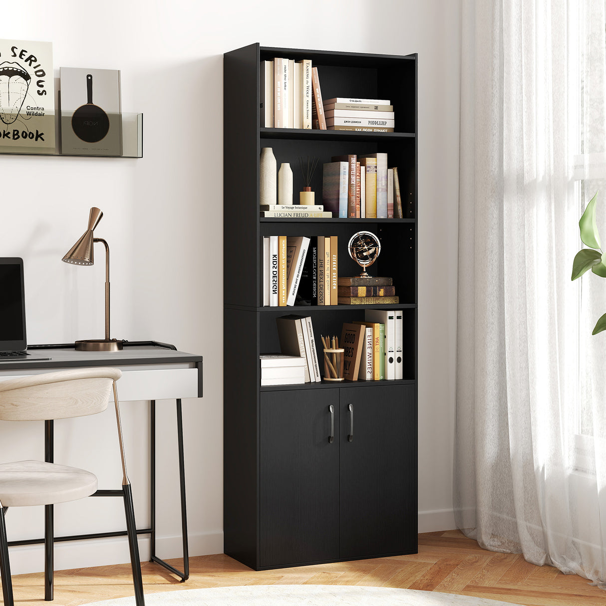 70 Inch Bookcase 6-Tier with Adjustable Shelves and 2-Door Cabinet