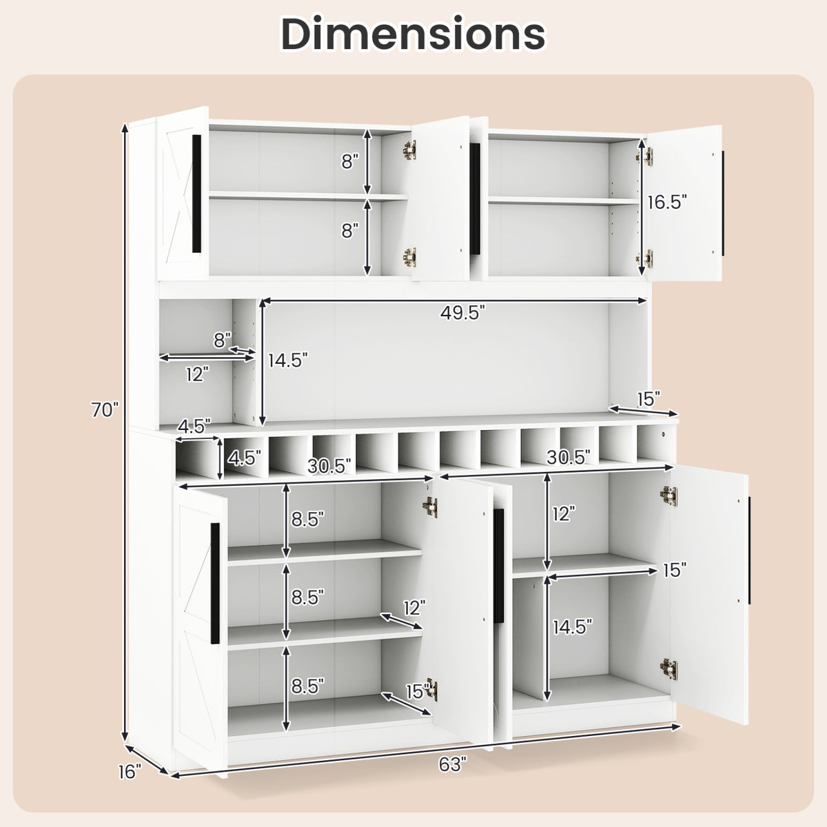 Farmhouse Pantry Cabinet Kitchen Buffet Hutch with 4 Cabinets and 2 Open Shelves