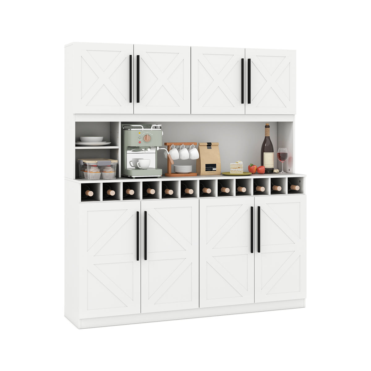 Farmhouse Pantry Cabinet Kitchen Buffet Hutch with 4 Cabinets and 2 Open Shelves