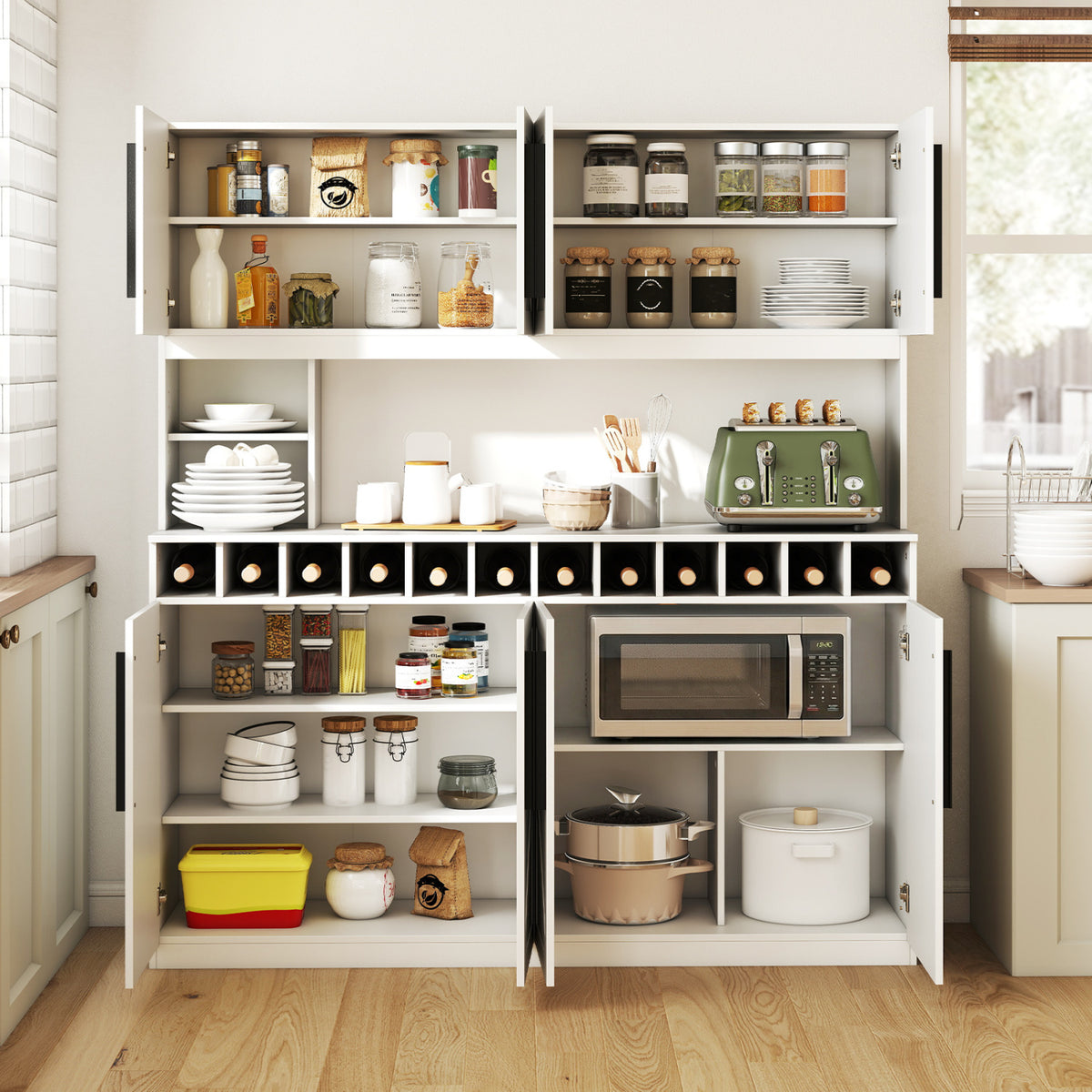 Farmhouse Pantry Cabinet Kitchen Buffet Hutch with 4 Cabinets and 2 Open Shelves