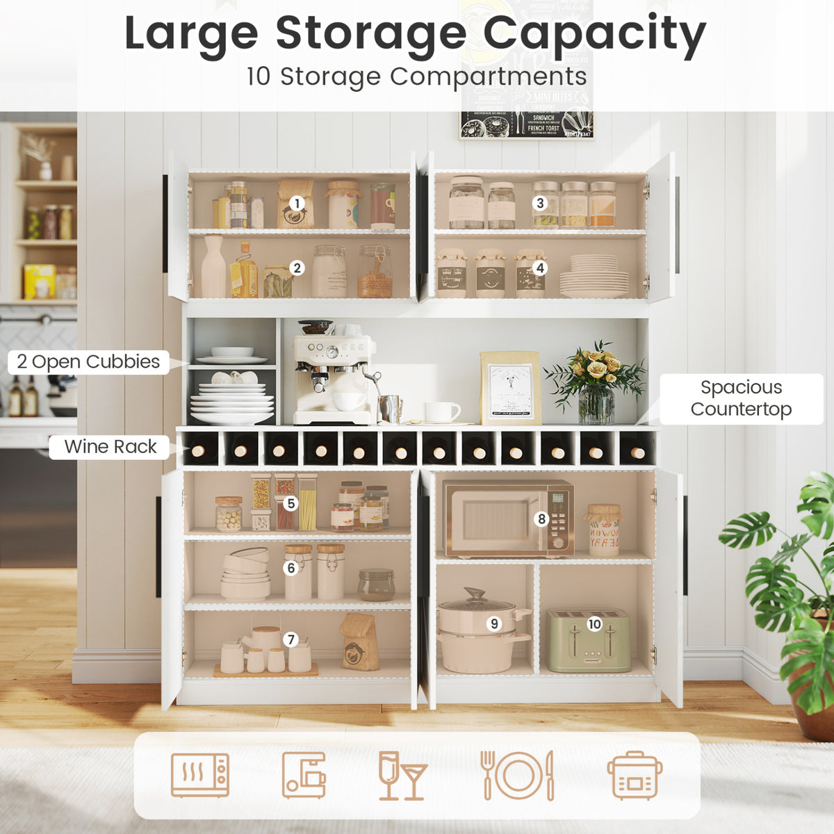 Farmhouse Pantry Cabinet Kitchen Buffet Hutch with 4 Cabinets and 2 Open Shelves