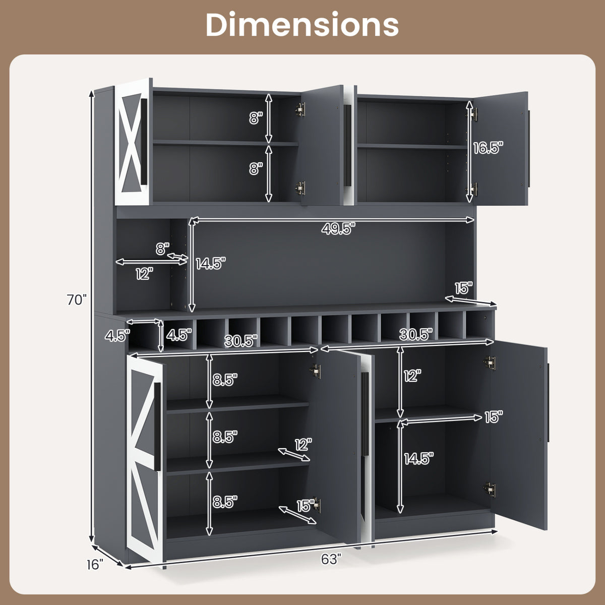 Farmhouse Pantry Cabinet Kitchen Buffet Hutch with 4 Cabinets and 2 Open Shelves