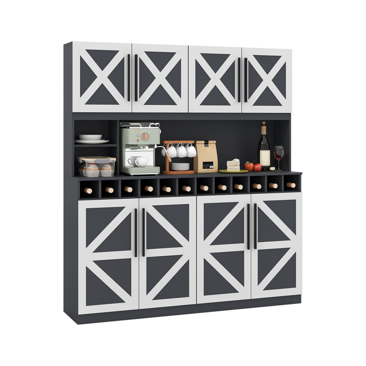 Farmhouse Pantry Cabinet Kitchen Buffet Hutch with 4 Cabinets and 2 Open Shelves