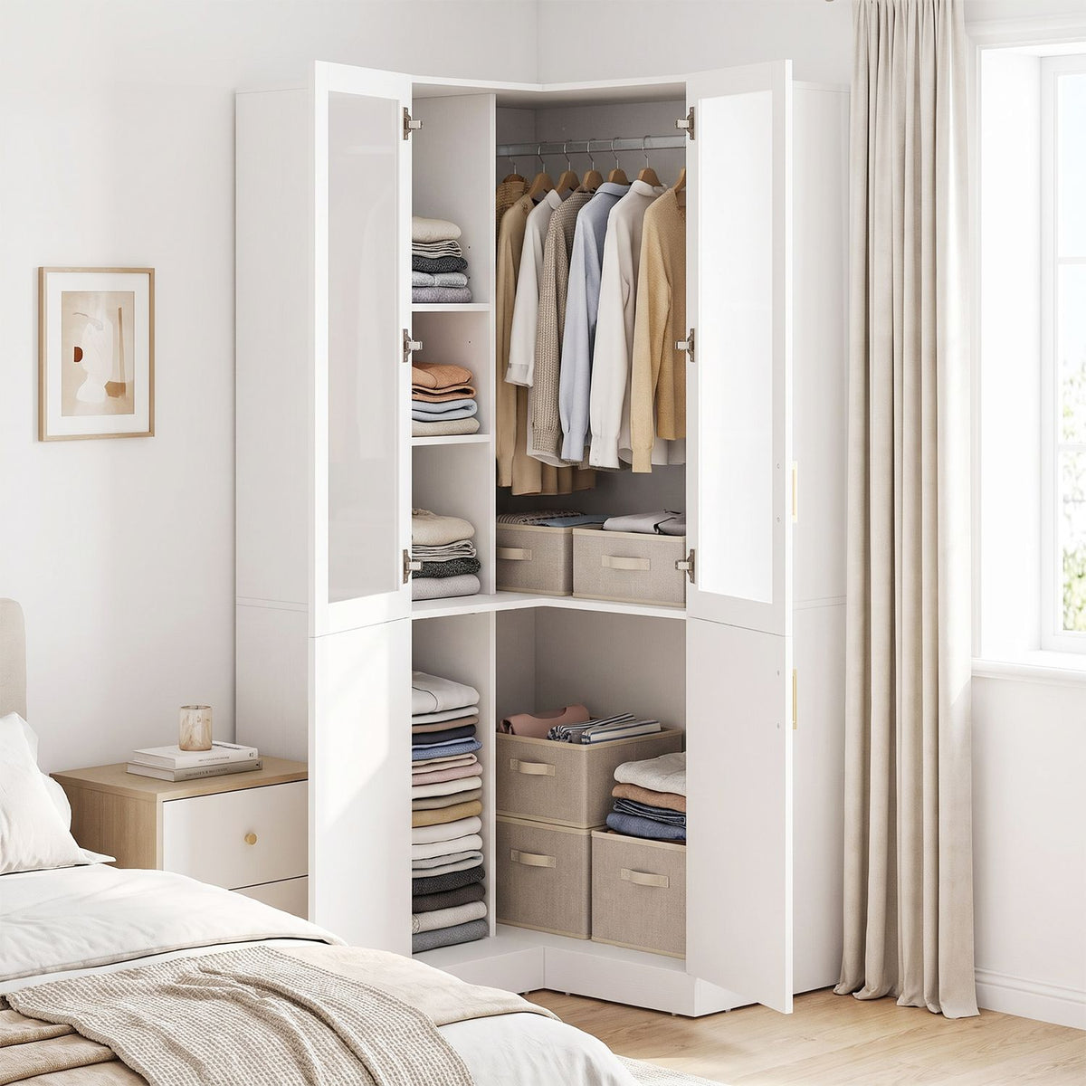 70 Inch L-Shaped Armoire Corner Wardrobe Closet with Hanging Rod-White