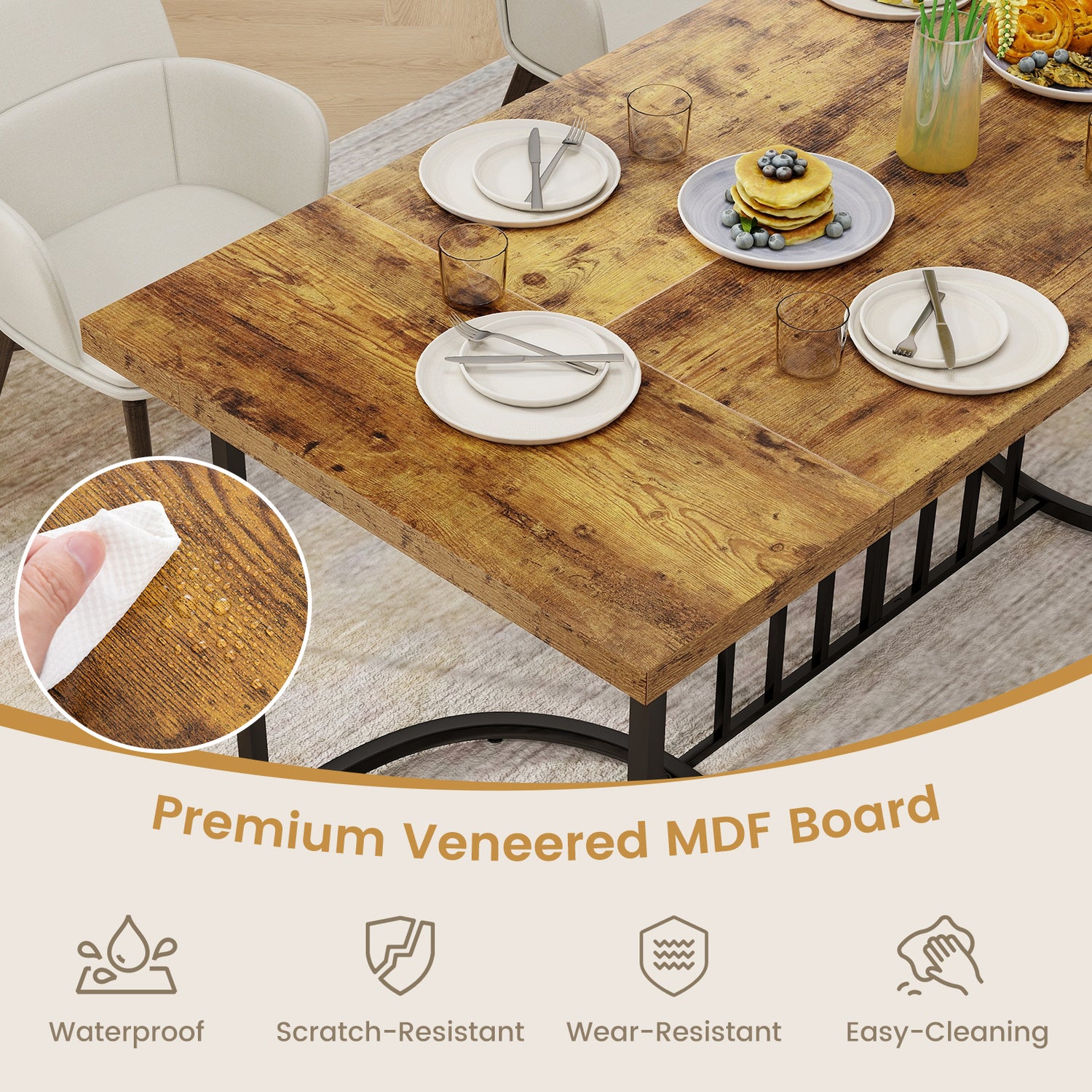 71 Inch Large Dining Table for 6-8 People Rectangular Wood Kitchen Table-Rustic Brown