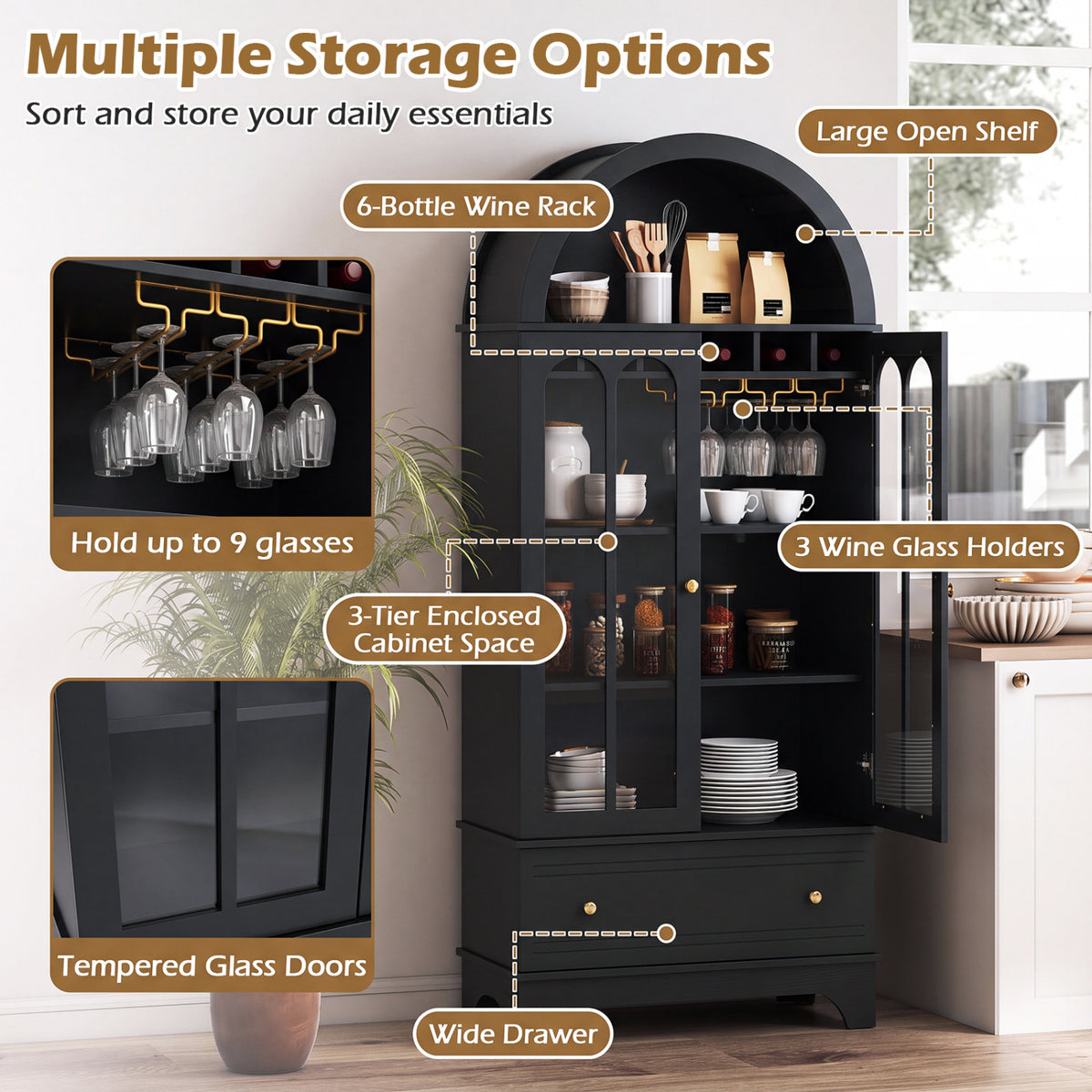 Arched Cabinet 5-Tier with Tempered Glass Doors and Wine Rack