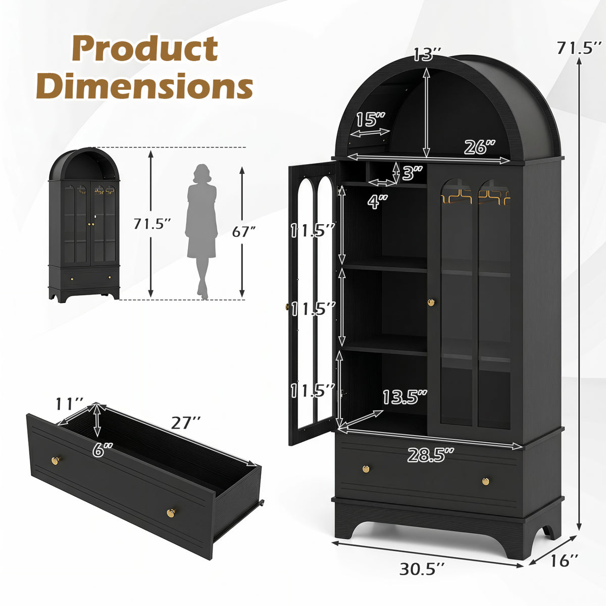 Arched Cabinet 5-Tier with Tempered Glass Doors and Wine Rack