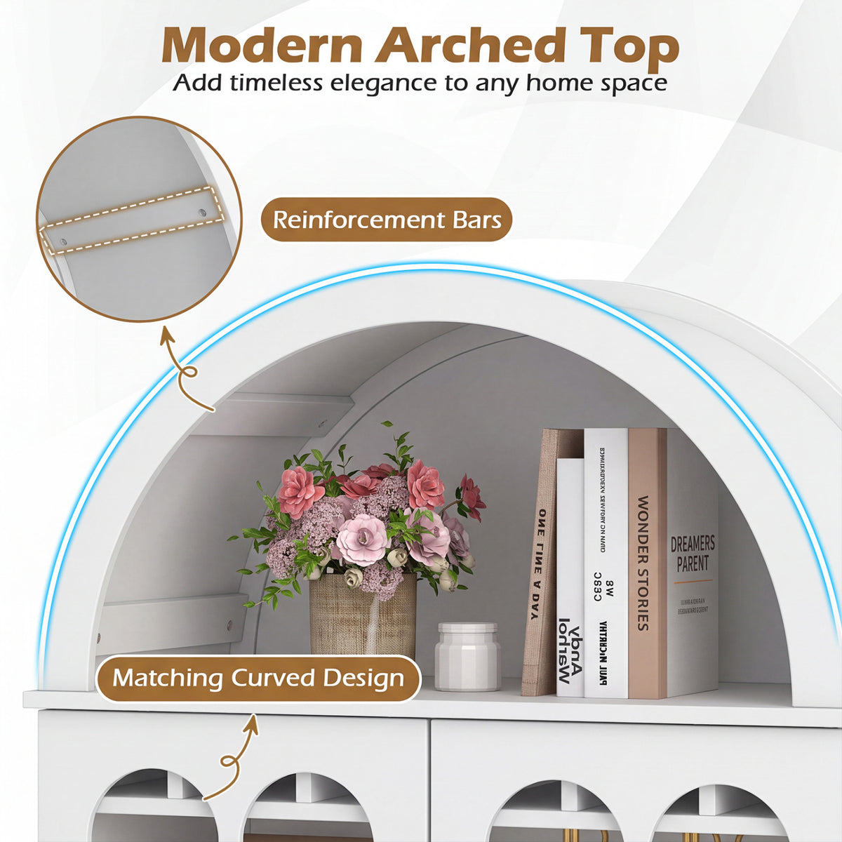 Arched Cabinet 5-Tier with Tempered Glass Doors and Wine Rack