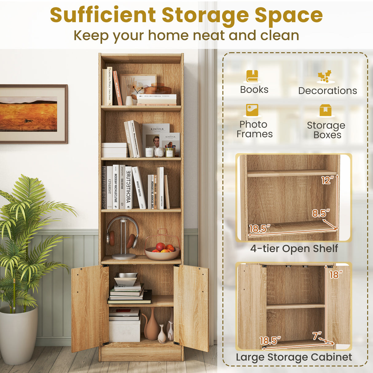 71 Inch 6-Tier Tall Bookshelf with Double Doors 4 Open Cubes-Oak