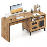 71-Inch Computer Table with Open Compartments and Drawers-Natural