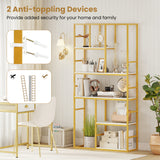 71 Inch Tall Bookshelf Metal Frame 5-Tier Geometric Bookcase-White & Golden
