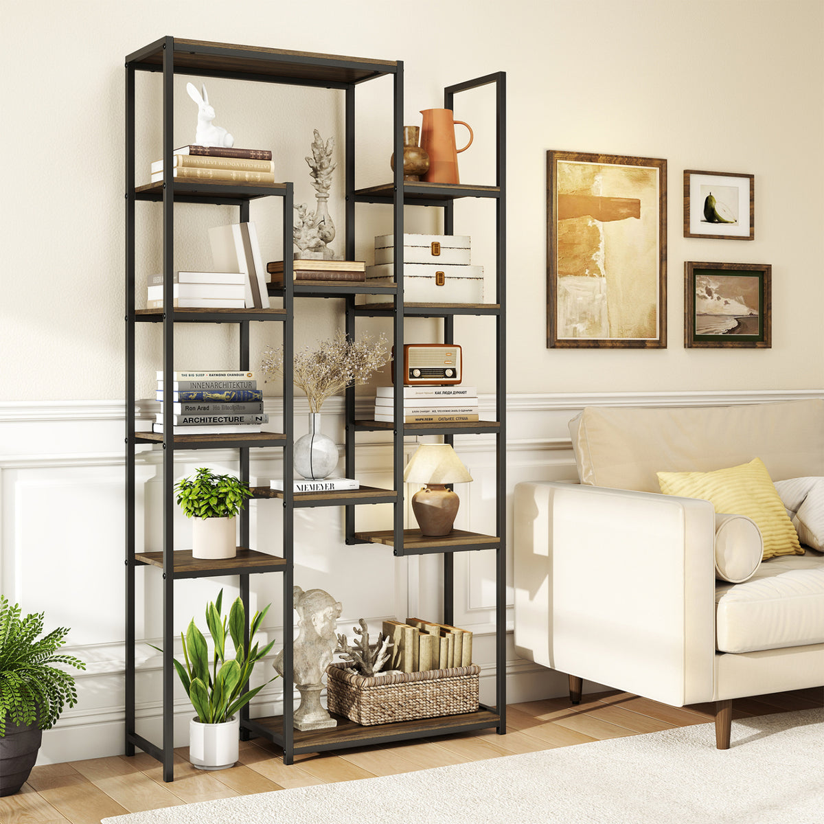 71 Inch Tall Vintage Geometric  Bookshelf 12 Open Shelves-Walnut