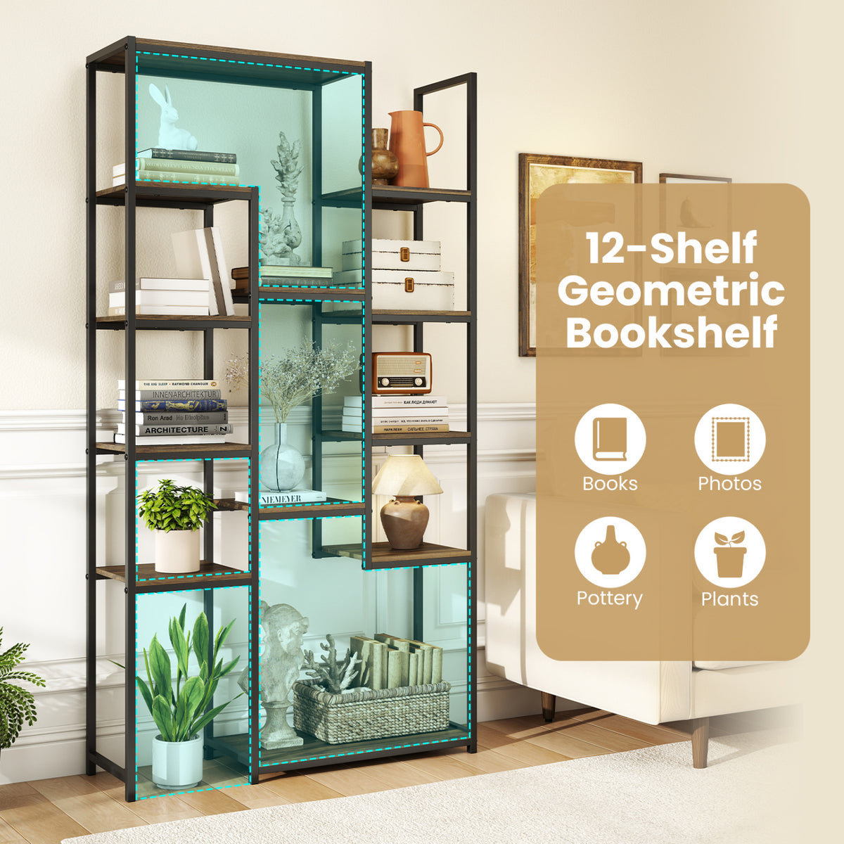 71 Inch Tall Vintage Geometric  Bookshelf 12 Open Shelves-Walnut