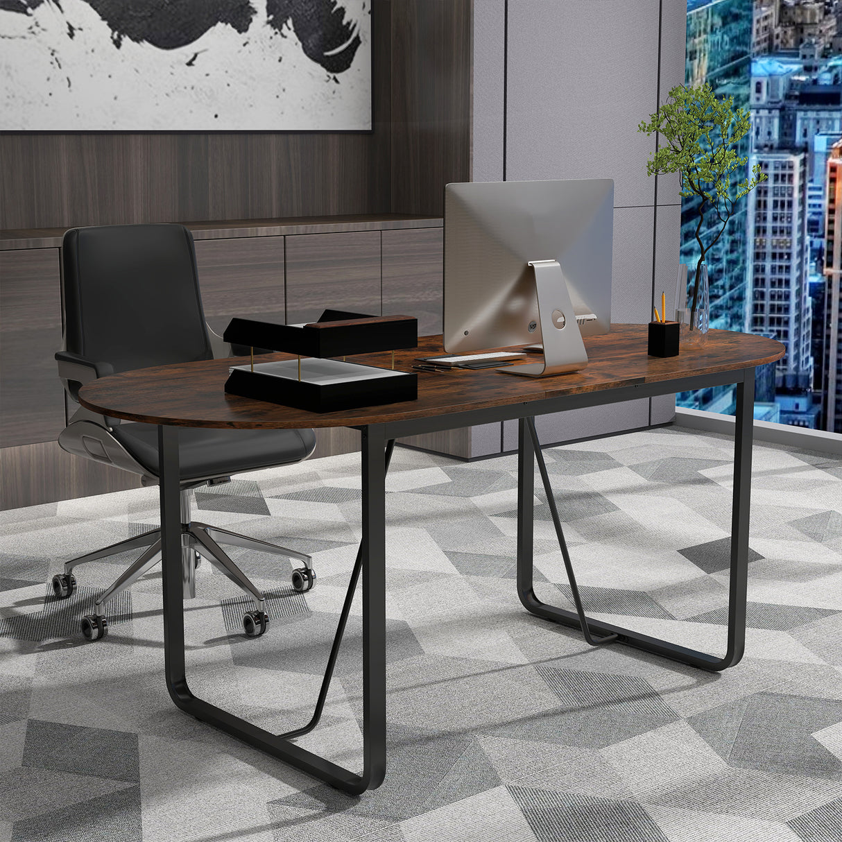 71 Inches Executive Table Oval Home Office Table with Cable Management Hole-Rustic Brown