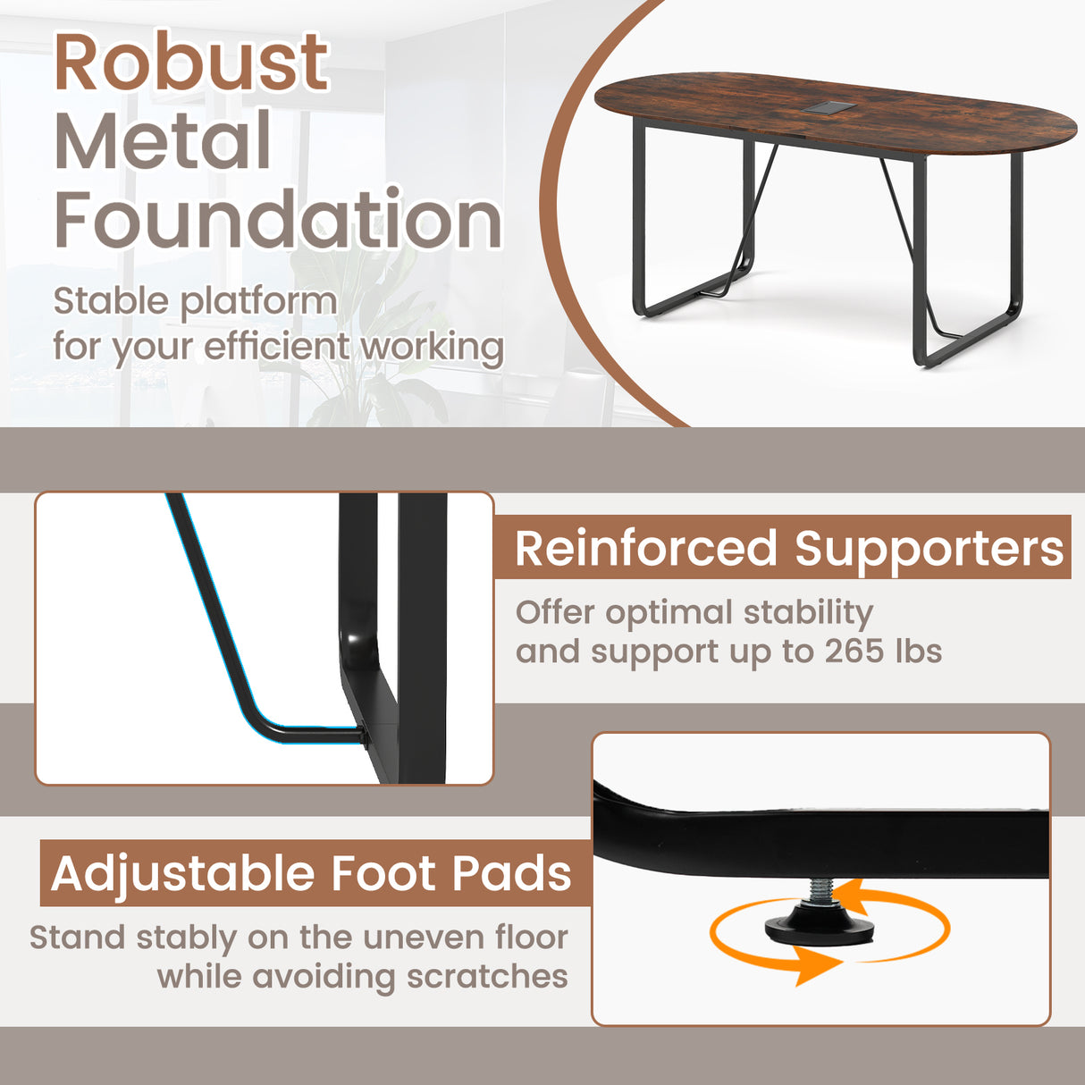 71 Inches Executive Table Oval Home Office Table with Cable Management Hole-Rustic Brown